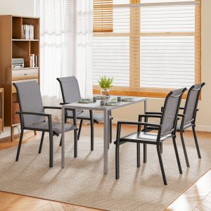 Outsunny Stackable Patio Chairs Set of 4, Outdoor Dining Chairs with All Weather Breathable Mesh and Armrests, Grey - Image 9