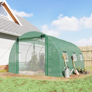 Outsunny Walk-in Tunnel Greenhouse, Plant Hot House w/ Support Rods, Roll-up Mesh Door, Mesh Windows, 13'x9.8'x6.6', Green - Image 1