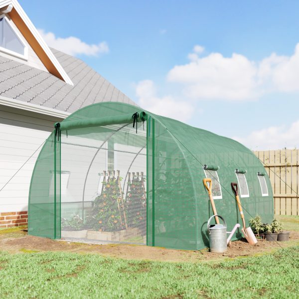 Outsunny Walk-in Tunnel Greenhouse, Plant Hot House w/ Support Rods, Roll-up Mesh Door, Mesh Windows, 13'x9.8'x6.6', Green - Image 1