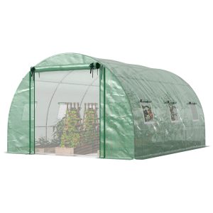 Outsunny Walk-in Tunnel Greenhouse, Plant Hot House w/ Support Rods, Roll-up Mesh Door, Mesh Windows, 13'x9.8'x6.6', Green - Image 2