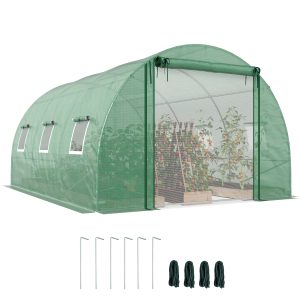 Outsunny Walk-in Tunnel Greenhouse, Plant Hot House w/ Support Rods, Roll-up Mesh Door, Mesh Windows, 13'x9.8'x6.6', Green - Image 11