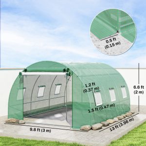 Outsunny Walk-in Tunnel Greenhouse, Plant Hot House w/ Support Rods, Roll-up Mesh Door, Mesh Windows, 13'x9.8'x6.6', Green - Image 3