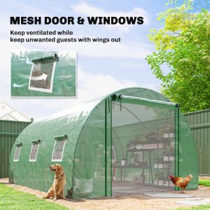 Outsunny Walk-in Tunnel Greenhouse, Plant Hot House w/ Support Rods, Roll-up Mesh Door, Mesh Windows, 13'x9.8'x6.6', Green - Image 6