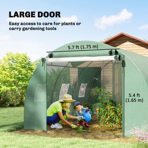 Outsunny Walk-in Tunnel Greenhouse, Plant Hot House w/ Support Rods, Roll-up Mesh Door, Mesh Windows, 13'x9.8'x6.6', Green - Image 7