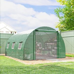 Outsunny Walk-in Tunnel Greenhouse, Plant Hot House w/ Support Rods, Roll-up Mesh Door, Mesh Windows, 13'x9.8'x6.6', Green - Image 8