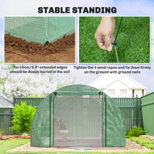 Outsunny Walk-in Tunnel Greenhouse, Plant Hot House w/ Support Rods, Roll-up Mesh Door, Mesh Windows, 13'x9.8'x6.6', Green - Image 9