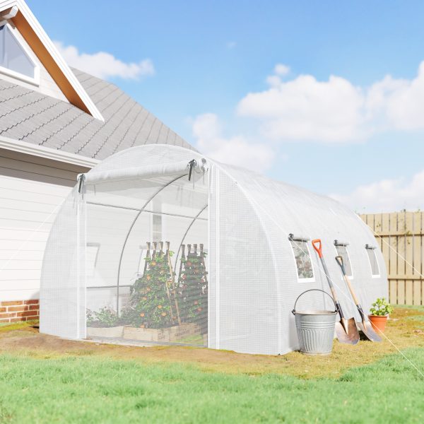 Outsunny Walk-in Tunnel Greenhouse, Plant Hot House w/ Support Rods, Roll-up Mesh Door, Mesh Windows, 13'x9.8'x6.6', White - Image 1
