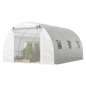 Outsunny Walk-in Tunnel Greenhouse, Plant Hot House w/ Support Rods, Roll-up Mesh Door, Mesh Windows, 13'x9.8'x6.6', White - Image 2