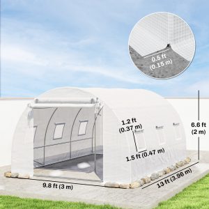 Outsunny Walk-in Tunnel Greenhouse, Plant Hot House w/ Support Rods, Roll-up Mesh Door, Mesh Windows, 13'x9.8'x6.6', White - Image 3