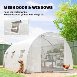 Outsunny Walk-in Tunnel Greenhouse, Plant Hot House w/ Support Rods, Roll-up Mesh Door, Mesh Windows, 13'x9.8'x6.6', White - Image 6