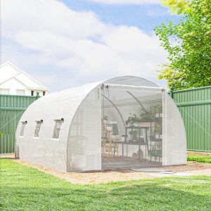 Outsunny Walk-in Tunnel Greenhouse, Plant Hot House w/ Support Rods, Roll-up Mesh Door, Mesh Windows, 13'x9.8'x6.6', White - Image 8