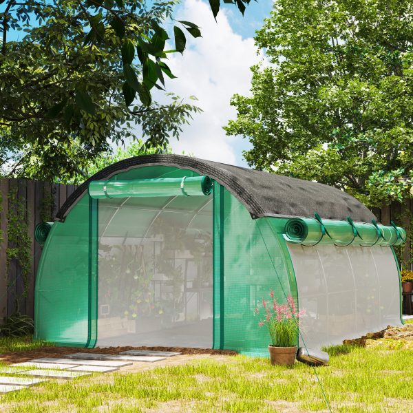Outsunny Walk-in Tunnel Greenhouse, Plant Hot House with Sunshade Net, Roll-up Mesh Sidewalls, 2 Doors, 10' x 13' x 6.5' , Green - Image 1