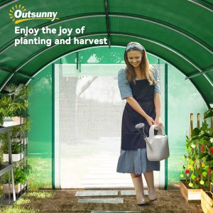 Outsunny Walk-in Tunnel Greenhouse, Plant Hot House with Sunshade Net, Roll-up Mesh Sidewalls, 2 Doors, 10' x 13' x 6.5' , Green - Image 10