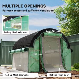 Outsunny Walk-in Tunnel Greenhouse, Plant Hot House with Sunshade Net, Roll-up Mesh Sidewalls, 2 Doors, 6.6' x 10' x 6.5' , Green - Image 5
