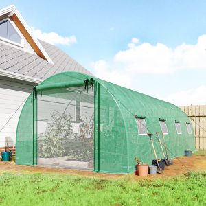 Outsunny Walk-in Tunnel Greenhouse with 2 Support Rods, Mesh Door, Plant Hot House with PE Cover, 20'x10'x7', Green - Image 1