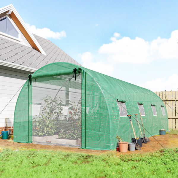Outsunny Walk-in Tunnel Greenhouse with 2 Support Rods, Mesh Door, Plant Hot House with PE Cover, 20'x10'x7', Green - Image 1