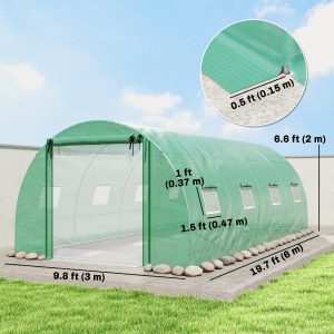 Outsunny Walk-in Tunnel Greenhouse with 2 Support Rods, Mesh Door, Plant Hot House with PE Cover, 20'x10'x7', Green - Image 13