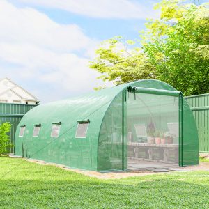 Outsunny Walk-in Tunnel Greenhouse with 2 Support Rods, Mesh Door, Plant Hot House with PE Cover, 20'x10'x7', Green - Image 8