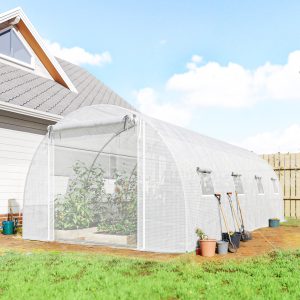 Outsunny Walk-in Tunnel Greenhouse with 2 Support Rods, Mesh Door, Plant Hot House with PE Cover, 20'x10'x7', White - Image 1