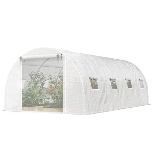 Outsunny Walk-in Tunnel Greenhouse with 2 Support Rods, Mesh Door, Plant Hot House with PE Cover, 20'x10'x7', White - Image 2