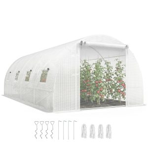 Outsunny Walk-in Tunnel Greenhouse with 2 Support Rods, Mesh Door, Plant Hot House with PE Cover, 20'x10'x7', White - Image 11