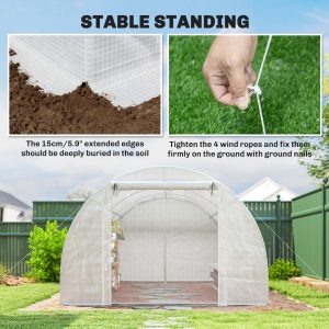 Outsunny Walk-in Tunnel Greenhouse with 2 Support Rods, Mesh Door, Plant Hot House with PE Cover, 20'x10'x7', White - Image 19