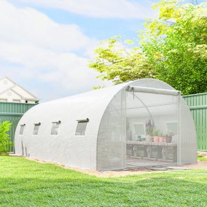 Outsunny Walk-in Tunnel Greenhouse with 2 Support Rods, Mesh Door, Plant Hot House with PE Cover, 20'x10'x7', White - Image 8