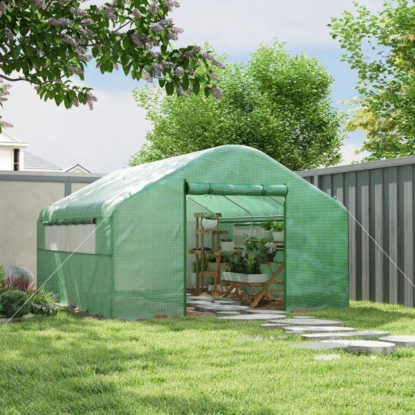Outsunny Walk-in Tunnel Greenhouse with Galvanized Steel Frame, Doors & Windows, Wind Resistant, Garden Planting Warm House, 13' x 10' x 6.5' , Green - Image 1