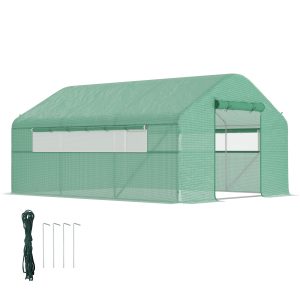 Outsunny Walk-in Tunnel Greenhouse with Galvanized Steel Frame, Doors & Windows, Wind Resistant, Garden Planting Warm House, 13' x 10' x 6.5' , Green - Image 11