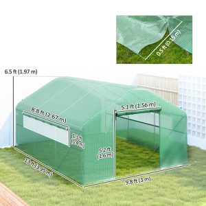 Outsunny Walk-in Tunnel Greenhouse with Galvanized Steel Frame, Doors & Windows, Wind Resistant, Garden Planting Warm House, 13' x 10' x 6.5' , Green - Image 3