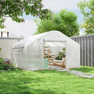Outsunny Walk-in Tunnel Greenhouse with UV/Wind Resistant, Galvanized Steel Frame and Windows, Garden Planting Warm House, 13' x 10' x 6.5' , White - Image 1