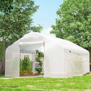 Outsunny Walk-in Tunnel Greenhouse with UV/Wind Resistant, Galvanized Steel Frame and Windows, Garden Planting Warm House, 13' x 10' x 6.5' , White - Image 10
