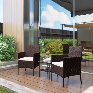 Outsunny Wicker Bistro Set, 3 Piece Patio Furniture Set with 2-Tier Glass Top Table, Cushions for Balcony, Porch, Beige - Image 1