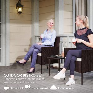 Outsunny Wicker Bistro Set, 3 Piece Patio Furniture Set with 2-Tier Glass Top Table, Cushions for Balcony, Porch, Beige - Image 4