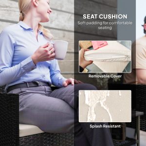 Outsunny Wicker Bistro Set, 3 Piece Patio Furniture Set with 2-Tier Glass Top Table, Cushions for Balcony, Porch, Beige - Image 6