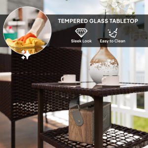 Outsunny Wicker Bistro Set, 3 Piece Patio Furniture Set with 2-Tier Glass Top Table, Cushions for Balcony, Porch, Beige - Image 7