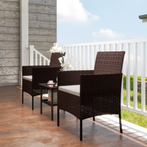 Outsunny Wicker Bistro Set, 3 Piece Patio Furniture Set with 2-Tier Glass Top Table, Cushions for Balcony, Porch, Beige - Image 9