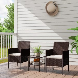 Outsunny Wicker Bistro Set, 3 Piece Patio Furniture Set with 2-Tier Glass Top Table, Cushions for Balcony, Porch, Beige - Image 10