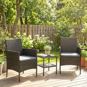 Outsunny Wicker Bistro Set, 3 Piece Patio Furniture Set with 2-Tier Glass Top Table, Cushions for Balcony, Porch, Dark Grey - Image 1