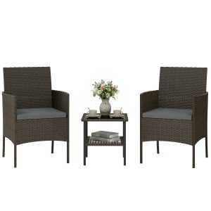 Outsunny Wicker Bistro Set, 3 Piece Patio Furniture Set with 2-Tier Glass Top Table, Cushions for Balcony, Porch, Dark Grey - Image 21