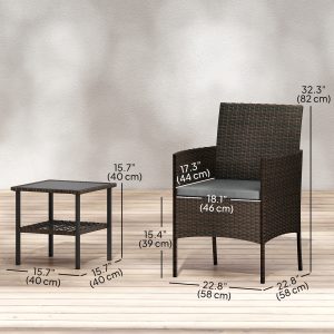 Outsunny Wicker Bistro Set, 3 Piece Patio Furniture Set with 2-Tier Glass Top Table, Cushions for Balcony, Porch, Dark Grey - Image 13