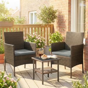 Outsunny Wicker Bistro Set, 3 Piece Patio Furniture Set with 2-Tier Glass Top Table, Cushions for Balcony, Porch, Dark Grey - Image 18