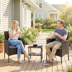 Outsunny Wicker Bistro Set, 3 Piece Patio Furniture Set with 2-Tier Glass Top Table, Cushions for Balcony, Porch, Dark Grey - Image 20