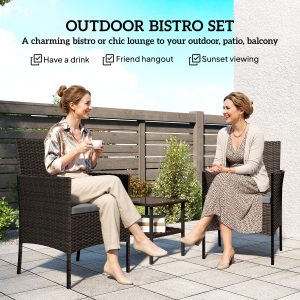 Outsunny Wicker Bistro Set, 3 Piece Patio Furniture Set with 2-Tier Glass Top Table, Cushions for Balcony, Porch, Dark Grey - Image 4