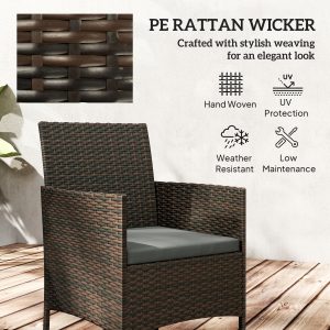 Outsunny Wicker Bistro Set, 3 Piece Patio Furniture Set with 2-Tier Glass Top Table, Cushions for Balcony, Porch, Dark Grey - Image 5