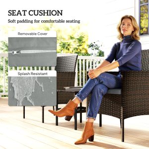 Outsunny Wicker Bistro Set, 3 Piece Patio Furniture Set with 2-Tier Glass Top Table, Cushions for Balcony, Porch, Dark Grey - Image 6