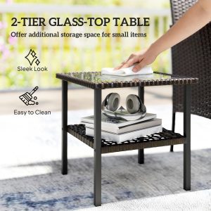 Outsunny Wicker Bistro Set, 3 Piece Patio Furniture Set with 2-Tier Glass Top Table, Cushions for Balcony, Porch, Dark Grey - Image 7