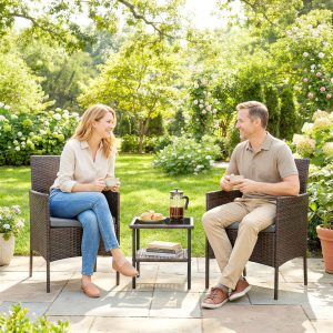 Outsunny Wicker Bistro Set, 3 Piece Patio Furniture Set with 2-Tier Glass Top Table, Cushions for Balcony, Porch, Dark Grey - Image 9