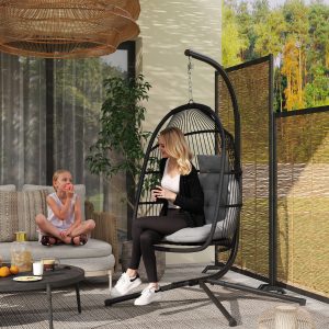 Outsunny Wicker Egg Swing Chair with Stand, Foldable Hanging Egg Chair with UV Resistant Cushion, Headrest, Dark Grey - Image 1