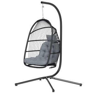 Outsunny Wicker Egg Swing Chair with Stand, Foldable Hanging Egg Chair with UV Resistant Cushion, Headrest, Dark Grey - Image 2
